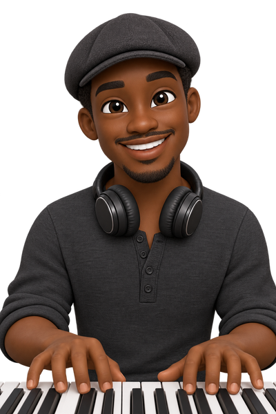 Fingers as a 3D emoticon, a young man in a newsboy cap with headphones around his neck, playing piano keys