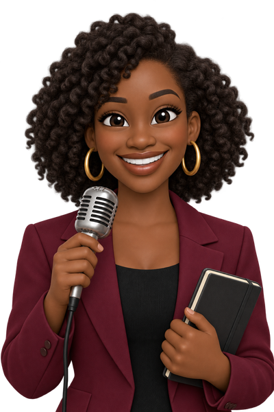 MissP as a 3D emoticon, a woman with curly hair and gold hoops in a burgundy blazer, holding a microphone and a notebook