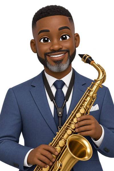 Sonny as a 3D emoticon, a man in a slate-blue suit holding a saxophone on a neck strap