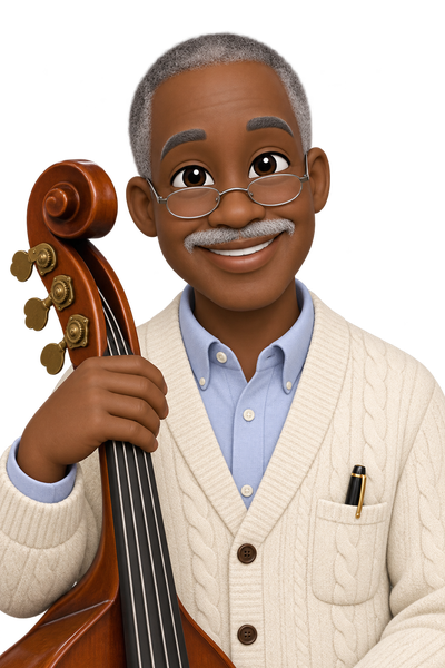 Unck as a 3D emoticon, an older gentleman in a cardigan with reading glasses, resting a hand on an upright bass
